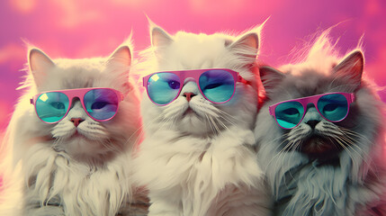 Surrealist photorealistic closeup portrait of three lamas smiling with crazy pink hairstyle and sunglasses with pink pastel background. Retro-futuristic concept art