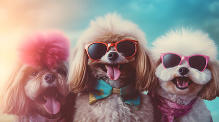 Wall Mural - Surrealist photorealistic closeup portrait of 3 dogs smiling with sunglasses and wearing T-Shirts with pink blue pastel background. Retro-futuristic concept art