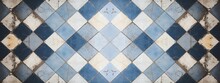 Old Blue White Rusty Vintage Worn Shabby Patchwork Checkered Chess Chessboard Lozenge Diamond Rue Motif Tiles Stone Concrete Cement Wall Texture Background Banner (Generative Ai)