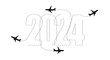 Merry Christmas and New Year concept. The route of the aircraft in 2024. Flat vector illustration