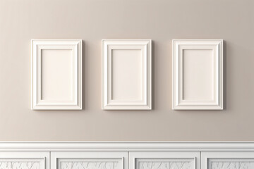 Wall Mural - Picture frame mockup. Set of three vertical white frames on beige neutral wall background.