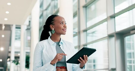 Aufkleber - Business woman, tablet and thinking in office with internet connection for research or email. Walking, tech and African female entrepreneur online for social media, networking and communication app
