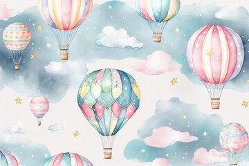 Wall Mural - Generative AI. Baby Wallpaper with Hot Air Balloons and clouds. Hand drawn watercolor seamless Pattern for children. Illustration in delicate blue and pink Pastel colors.