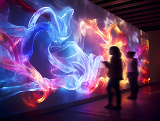 art exhibition of colorful interactive light installations, holographic, people in silhouettes walking through the exhibition