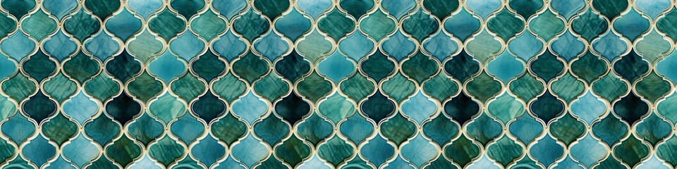 Leinwandbilder - Abstract green blue turquoise geometric moroccan marrakech tiles wallpaper texture background banner panorama -Vintage retro concrete stone ceramic cement tiles wall, seamless pattern (Generative Ai)