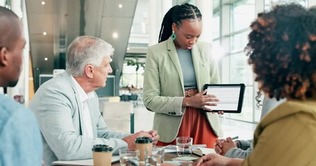 Poster - Business people, meeting and presentation on tablet screen for clients marketing, sales and information or advice. Feedback, report or proposal of professional manager, men and women on digital tech