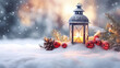 Christmas lantern on snow with fir branch in the blur forest. Blurred bokeh background. Winter decoration backdrop.