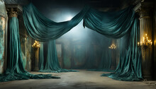 Ancient Room With Green Draped Curtains: Post-Apocalyptic Backdrop, Dark Turquoise & Gray Hues. Embracing Romantic Drama, Gossamer Fabrics, Theatrical Lighting, Whimsical Genre Scenes