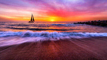 Wall Mural - Sunset Sailboat Ocean Inspirational Surreal Nature Romantic Colors