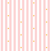 Seamless Striped Retro Pattern With Stars. Vector Illustration. Vintage Background With Vertical Pink Stripes And Gold Stars.