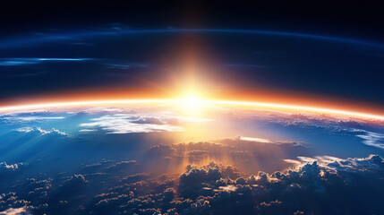 Wall Mural - panoramic view on planet earth globe from space. glowing city lights, light clouds. generative ai