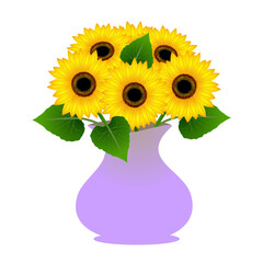 Wall Mural - vase with sunflowers and leaves on a white background.