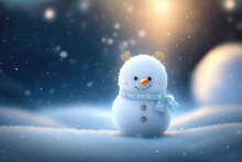Christmas Decoration With A Cute Cheerful Snowman In The Snow In A Winter Park With Beautiful Bokeh. AI Generated.