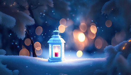 Wall Mural - Christmas decoration with a lantern in the snow in a winter park with beautiful bokeh. AI generated.