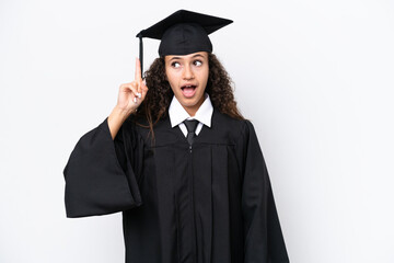 Wall Mural - Young university graduate Arab woman isolated on white background intending to realizes the solution while lifting a finger up