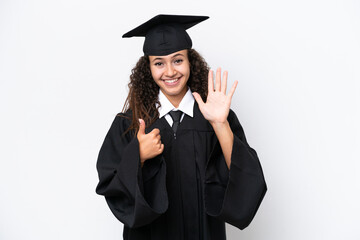 Wall Mural - Young university graduate Arab woman isolated on white background counting six with fingers