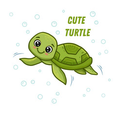 Wall Mural - cute cartoon turtle swimming. Funny sea turtle isolated on white. Vector