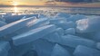 Melting ice in spring. Crashed ice in the rays of the setting sun. Blue ice on the ocean. Global warming and climate change concept ice nature concept. Slider 4K shot