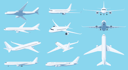 airplanes in different angles on a blue background. passenger and cargo air transport. a quick long-