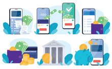 Online Banking. Virtual Storage And Transfers Of Funds Around The World. Applications For Managing Your Money. Vector Illustration