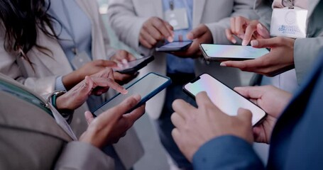 Canvas Print - Business people, hands and phone for networking, data sync or sharing information at the office. Group of employees working on mobile smartphone app for communication or social media at the workplace