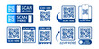 Collection of QR codes with inscription scan here with smart phone. Set of Scan qr code icon. Qr code for payment, mobile app and identification. Vector illustration.