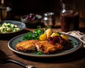 Schnitzel mit Bratkartoffeln und Preiselbeermarmelade, generative AI