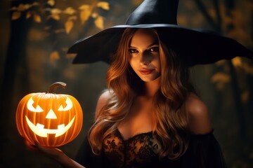 Wall Mural - Halloween Witch with a carved Pumpkin and magic lights in a dark forest. Beautiful young surprised woman in witches hat and costume holding pumpkin.