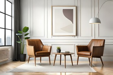 Interior of modern living room with armchair and table. Banner for design. Living room design with frame mock-up, two wooden chairs on white wall