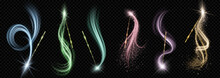 Magic Wand With Wizard Spell Sparkle Light Vector. Magician Fairy Glitter Trail Effect With Glowing Stick On Black Background. Fantasy Spiral Vortex Shine Isolated Fairytale Abracadabra Wish Neon Line