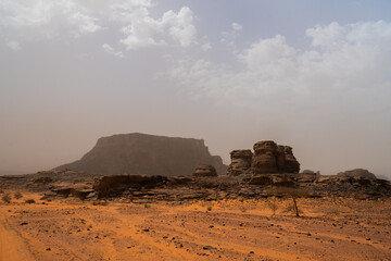 Poster - iew in the Sahara desert of Tadrart rouge tassili najer in Djanet City  ,Algeria.colorful orange sand, rocky mountains