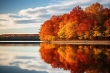 A Lake With Trees In Autumn Colors On The Shore. The Trees Are In Shades Of Red, Orange, And Yellow. The Lake Is Calm And The Trees Are Reflected In The Water. The Sky Is Blue With Some Clouds