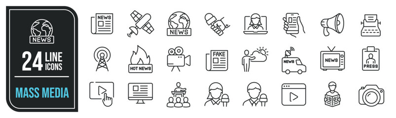 Mass media minimal thin line icons. Related news, press, newspaper, journalism. Editable stroke. Vector illustration.