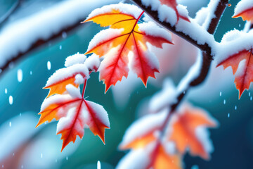 Wall Mural - beautiful colorful nature with bright orange leaves covered with frost in late autumn or early winte
