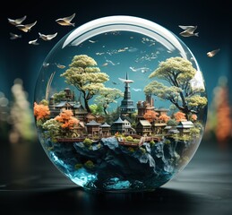 Wall Mural - Glass globe with houses on a green landscape, generative ai