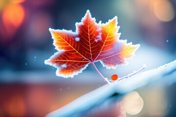 Wall Mural - beautiful colorful nature with bright orange leaves covered with frost in late autumn or early winte