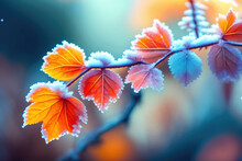Beautiful Colorful Nature With Bright Orange Leaves Covered With Frost In Late Autumn Or Early Winter. Generated AI.