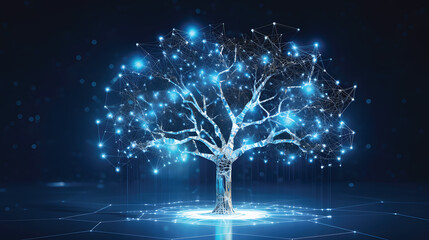 Concept of network connection technology or big data, blue cyber polygonal tree with futuristic elements.GenerativeAI.