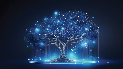 Wall Mural - concept of network connection technology or big data, blue cyber polygonal tree with futuristic elem
