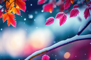 Wall Mural - Beautiful colorful nature with bright orange leaves covered with frost in late autumn or early winter. Generated AI.