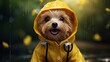 Autumn rainy raining rain weather background texture - Closeup of cute sweet dog with yellow raincoat  (Generative Ai)