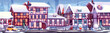 Winter germany medieval town street cartoon vector landscape. Ancient old europe city building with bavaria cottage exterior. Falling snow on historical mansion. Front view on snowy france village
