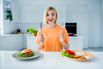 Canvas Print - Photo of astonished charming girl hands hold knife fork rice meat vegetable burger plates kitchen table apartment indoors