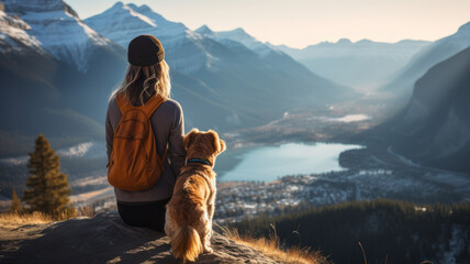 fluffy dog and woman. friend mood. snow, lake and mountain view background.