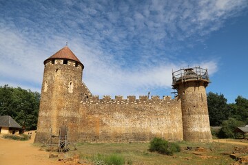 Main general front view of Guedelon stronghold as per July 2023, Built according to 14th century principle of architecture