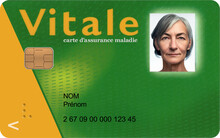 A Dummy Card Of Social Security System Of France Of CNAM, A Fictive Carte Vitale In The Name Of NOM Prénom, Born In September 1967. Text In French : Health Insurance Card.