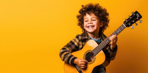 joyful child playing guitar isolated on flat orange background with copy space. creative banner for 
