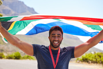 Poster - Runner, winner and portrait of happy man with flag on road for fitness goal, winning or running race. Sports champion, proud South African or excited athlete with competition victory or success