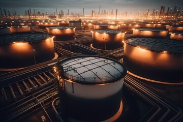 Poster - Aerial view of large oil storage tanks in an industrial area, showcasing the scale and infrastructure of the oil and gas industry