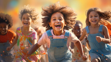 Group of diverse cheerful fun happy multiethnic children outdoors created with Generative AI technology, Generative Ai